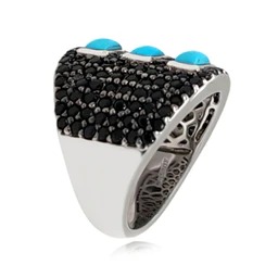 Sterling Silver Baguette Sleeping Beauty Turq & Black Spinel Pave Wide Band Ring - Image 2
