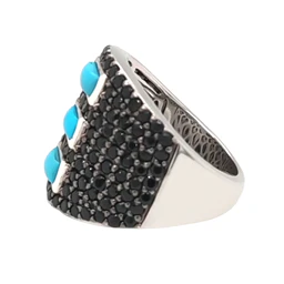 Sterling Silver Baguette Sleeping Beauty Turq & Black Spinel Pave Wide Band Ring - Image 3