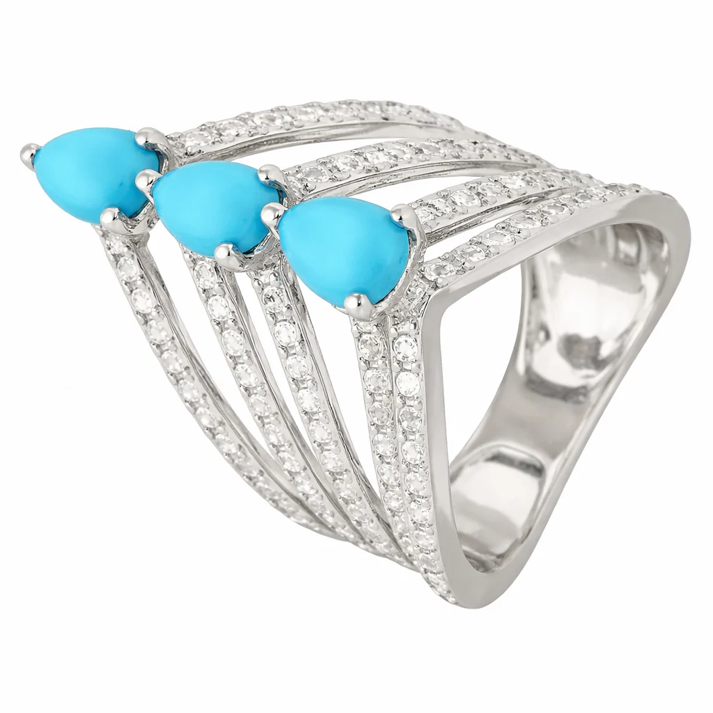 Sterling Silver Pear-Shaped Sleeping Beauty Turq & White Zircon Chevron Ring - Image 2
