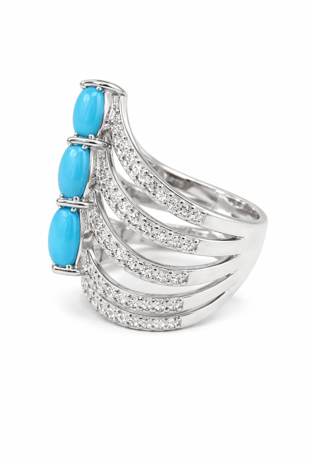 Sterling Silver Pear-Shaped Sleeping Beauty Turq & White Zircon Chevron Ring - Image 3