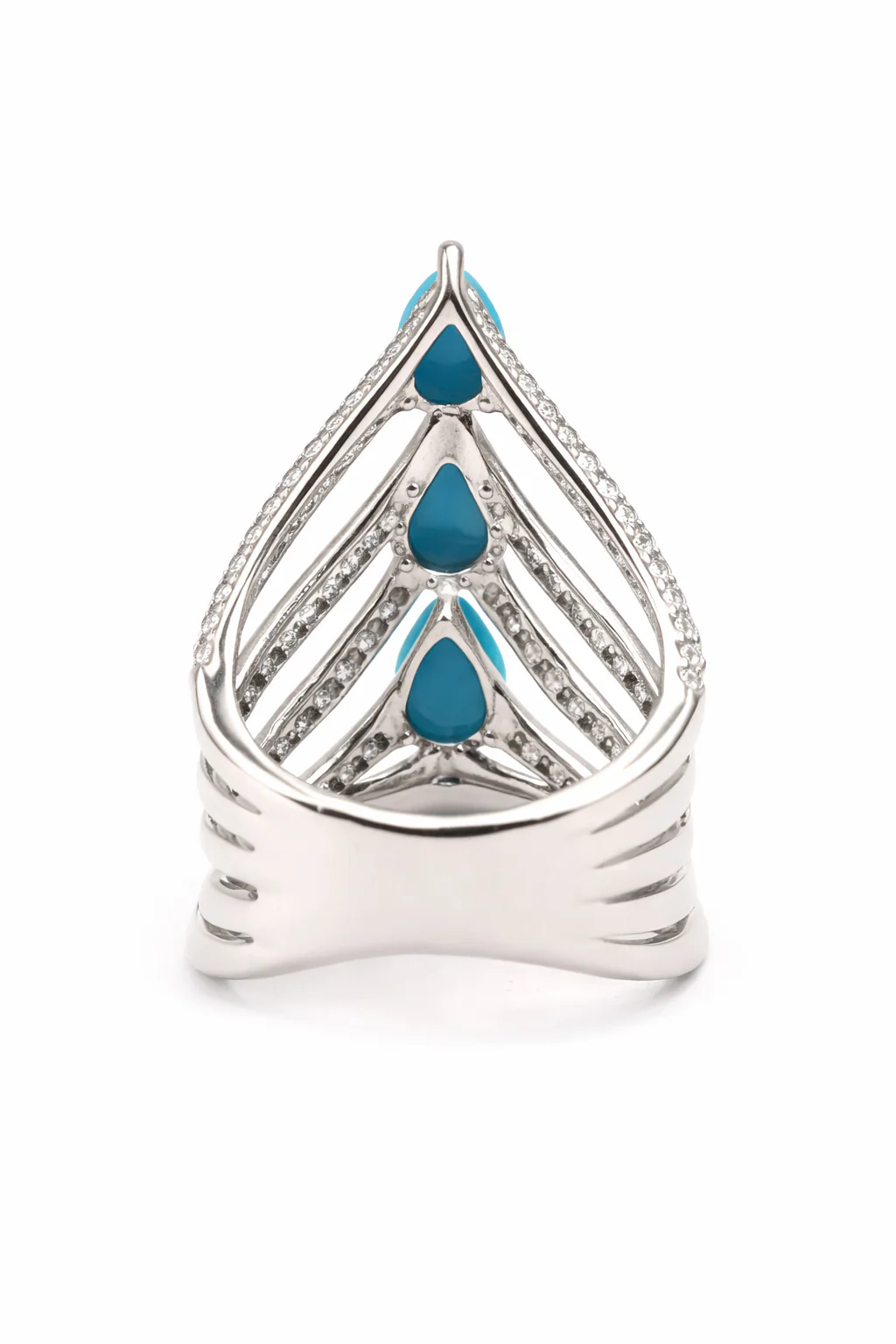 Sterling Silver Pear-Shaped Sleeping Beauty Turq & White Zircon Chevron Ring - Image 4