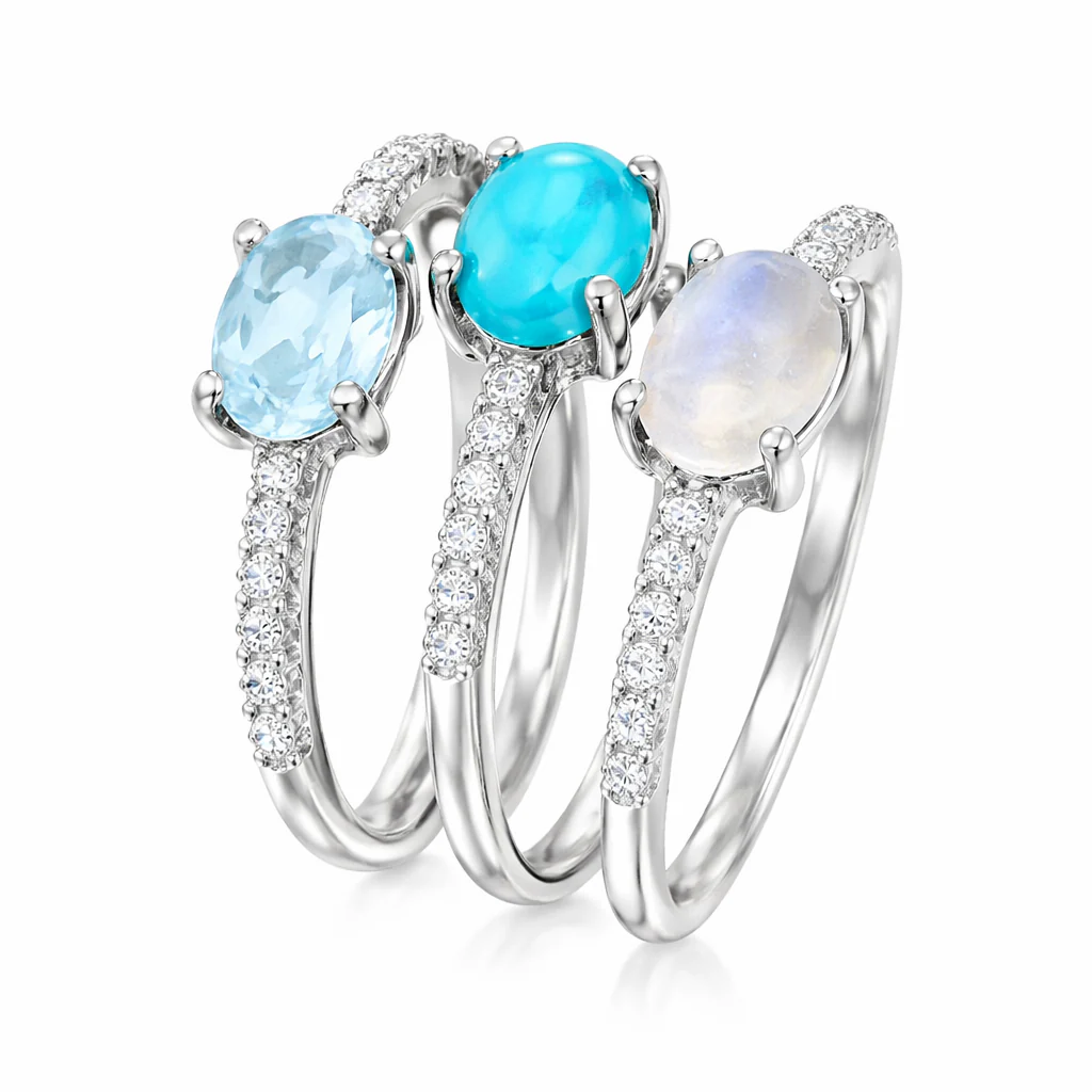 Sterling Silver Set of 3 Gemstone & White Zircon Stack Rings - Image 2