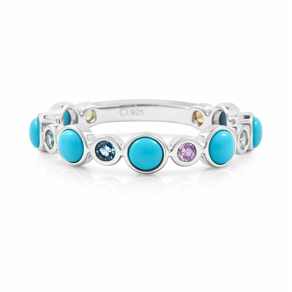 Sterling Silver Sleeping Beauty Turq & Multi Sapphire Station Eternity Band Ring - Image 2