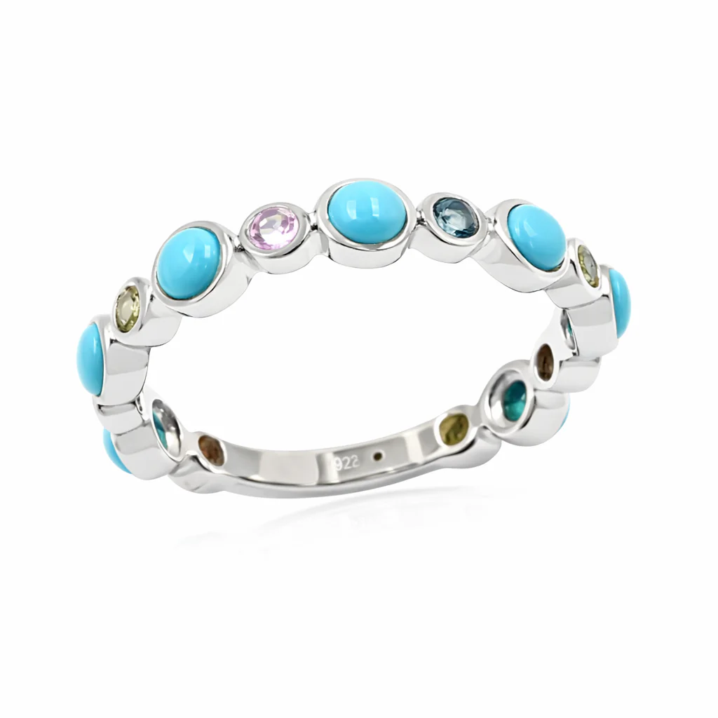 Sterling Silver Sleeping Beauty Turq & Multi Sapphire Station Eternity Band Ring - Image 4