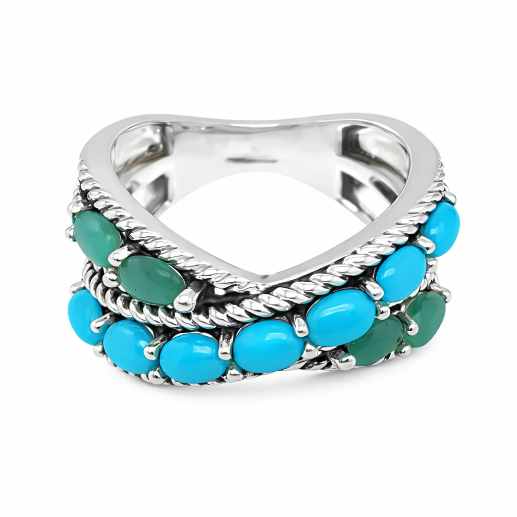 Sterling Silver Sleeping Beauty Turquoise & Sakota Emerald Crossover Ring - Image 2