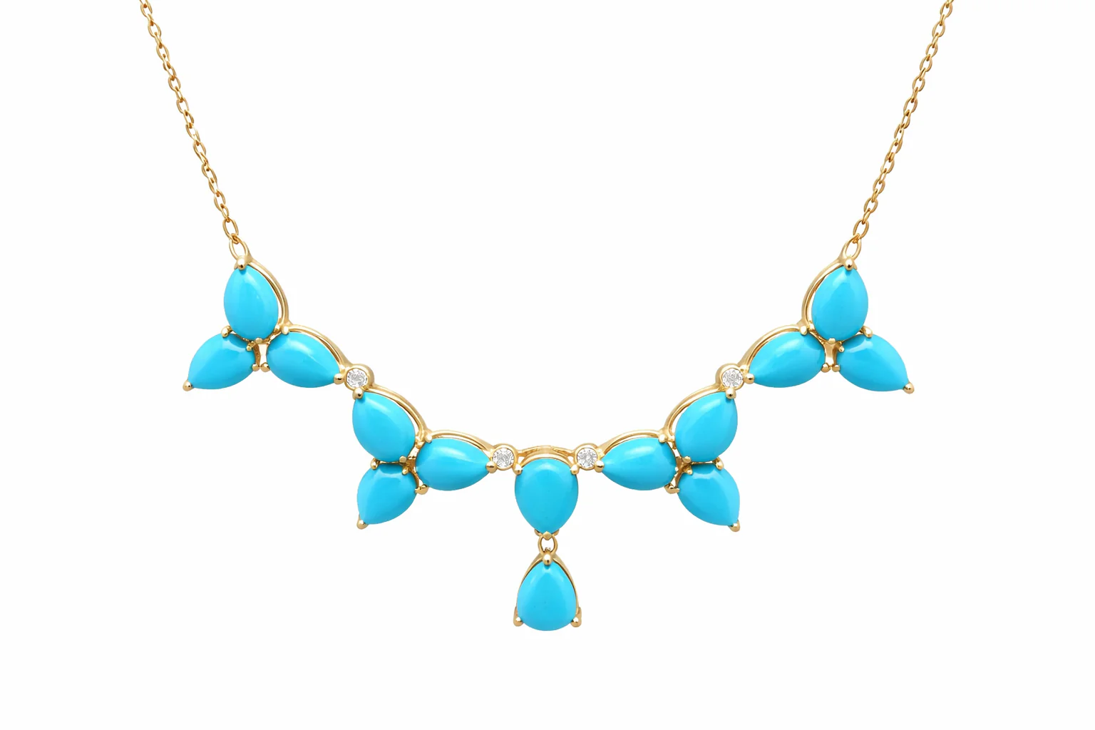 Sterling Silver Sleeping Beauty Turquoise & White Zircon Trillium Flower Necklace - Image 2