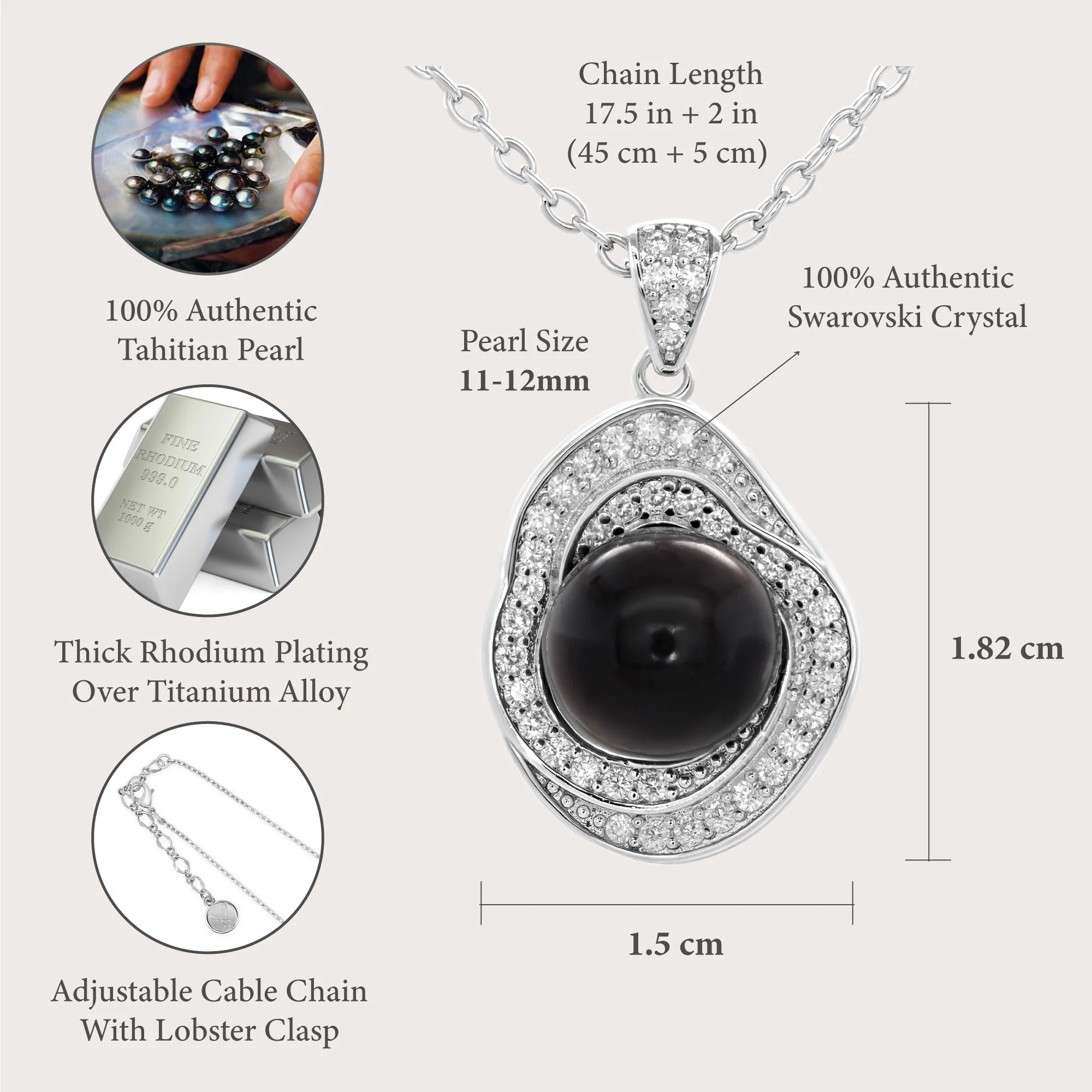 TRYNDI Rhodium Plated 11-12mm Tahitian Black Pearl Swarovski Crystal Circle Necklace - Image 6