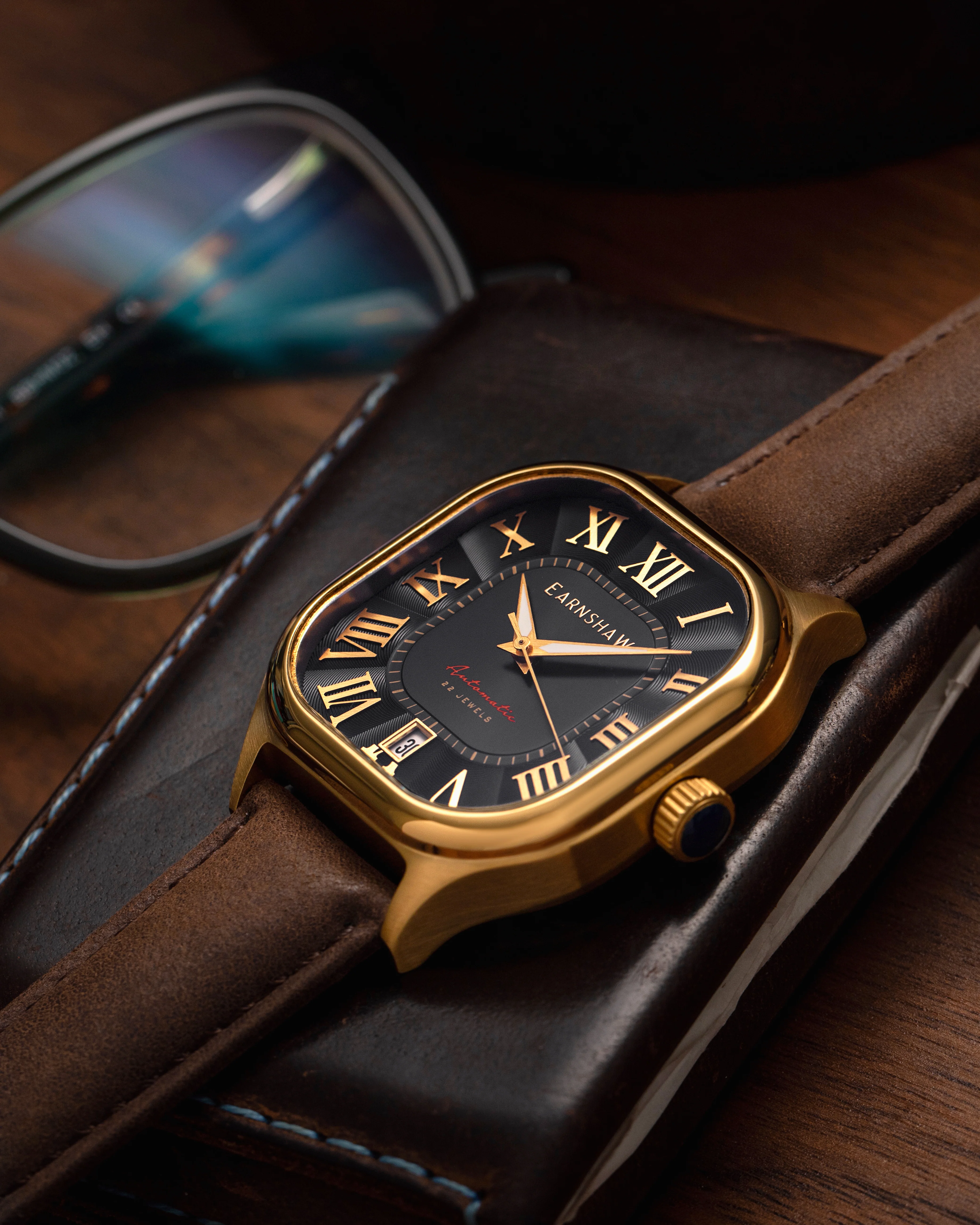 Thomas Earnshaw Men's 39mm Coussin Automatic Square Leather Strap Watch - Image 9