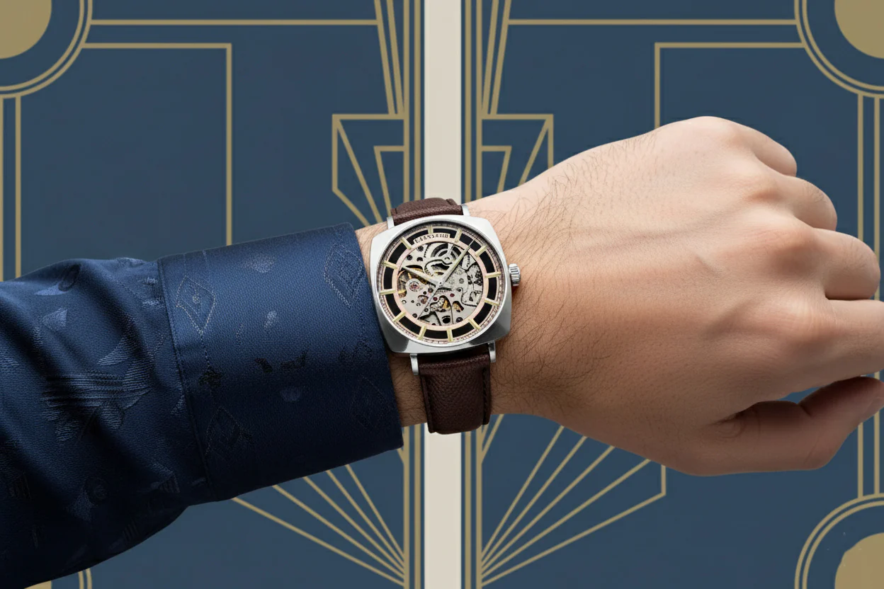Thomas Earnshaw Men's 40mm Moorgate Automatic Skeletonized Square Leather Strap Watch - Image 10