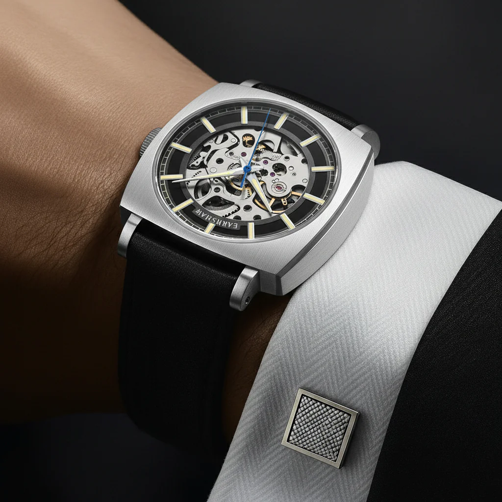 Thomas Earnshaw Men's 40mm Moorgate Automatic Skeletonized Square Leather Strap Watch - Image 7