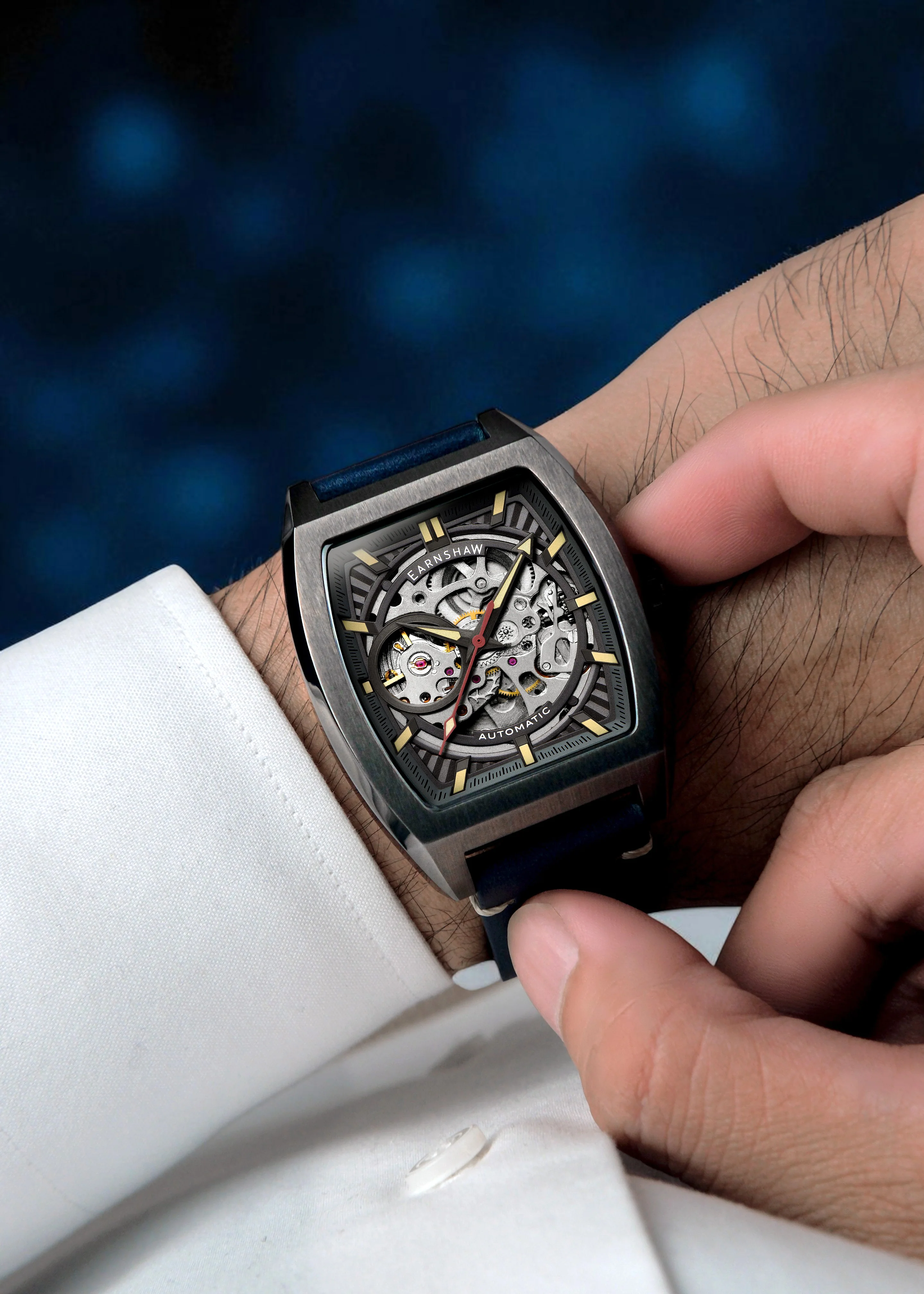 Thomas Earnshaw Men's 40mm Wellington Automatic Skeletonized Tonneau Strap Watch - Image 6