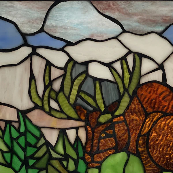 Tiffany-Style Lighting 12" Moose in Moutainscape Stained Glass Window Panel - Image 2