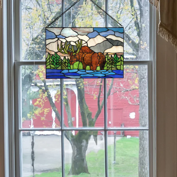 Tiffany-Style Lighting 12" Moose in Moutainscape Stained Glass Window Panel - Image 3