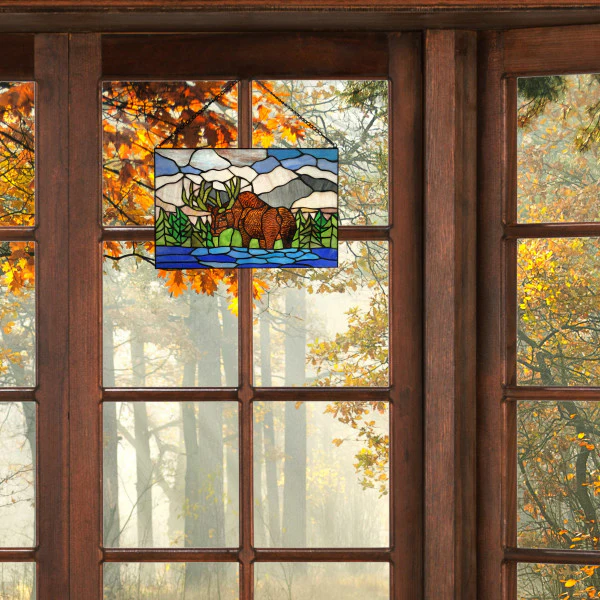Tiffany-Style Lighting 12" Moose in Moutainscape Stained Glass Window Panel - Image 4