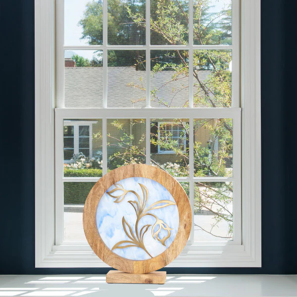 Tiffany-Style Lighting 14" Round Decorative Stained Glass & Metal Stand with Wood Frame - Image 13