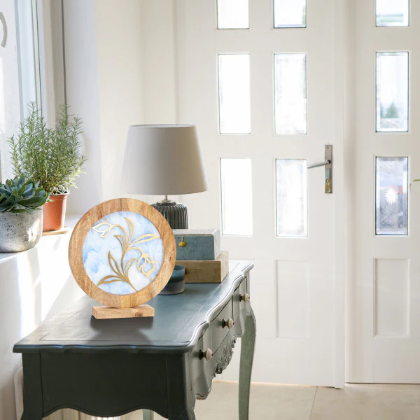 Tiffany-Style Lighting 14" Round Decorative Stained Glass & Metal Stand with Wood Frame - Image 14