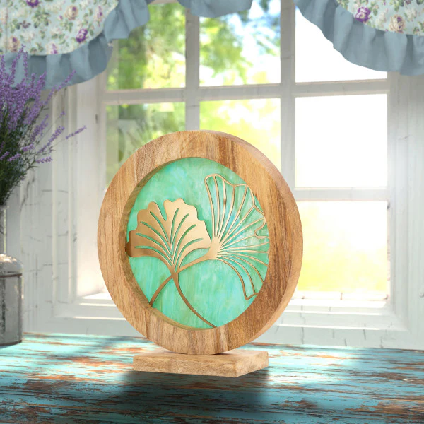 Tiffany-Style Lighting 14" Round Decorative Stained Glass & Metal Stand with Wood Frame - Image 5