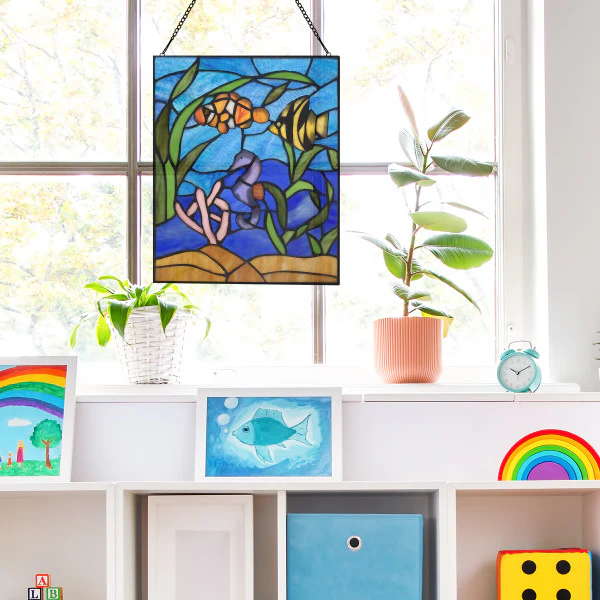 Tiffany-Style Lighting 14" Underwater Ocean Scene Stained Glass Window Panel - Image 3