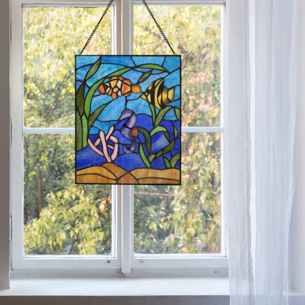 Tiffany-Style Lighting 14" Underwater Ocean Scene Stained Glass Window Panel - Image 5