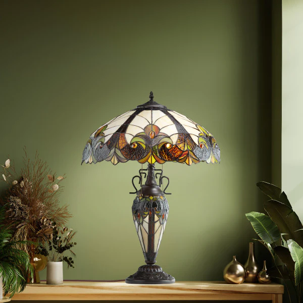 Tiffany-Style Lighting 24.5 Halston Amber Double Lit Stained Glass Urn Table Lamp - Image 3