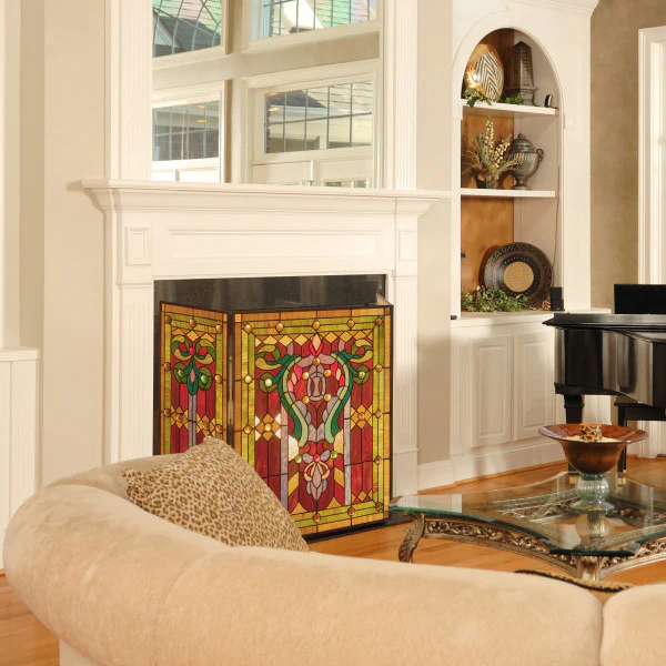 Tiffany-Style Lighting 28" Fleur de Lis Stained Glass Fireplace Screen - Image 5