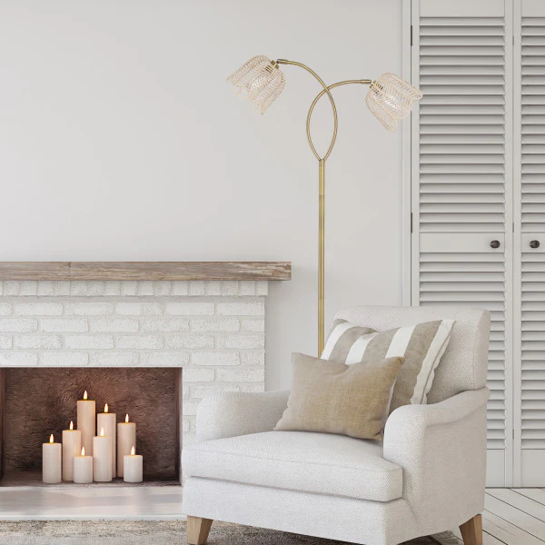 Tiffany-Style Lighting 61" Meg Brushed Gold Metal Candlestick Floor Lamp with Rattan Shades - Image 5