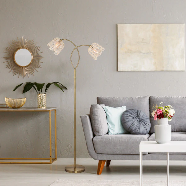 Tiffany-Style Lighting 61" Meg Brushed Gold Metal Candlestick Floor Lamp with Rattan Shades - Image 6