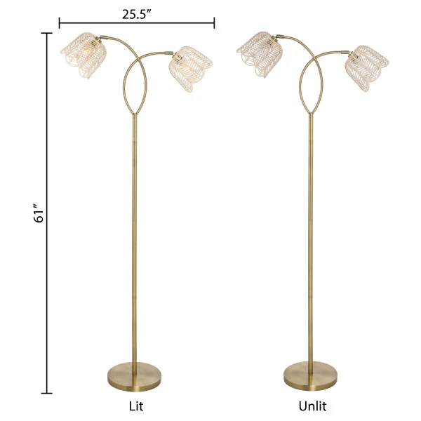Tiffany-Style Lighting 61" Meg Brushed Gold Metal Candlestick Floor Lamp with Rattan Shades - Image 7