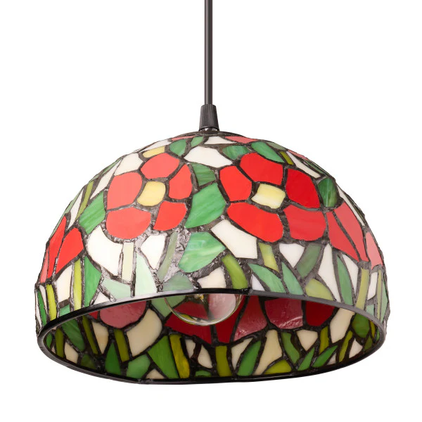 Tiffany-Style Lighting Genevieve Adjustable Height Red Flowers Stained Glass Hanging Pendant Light - Image 2
