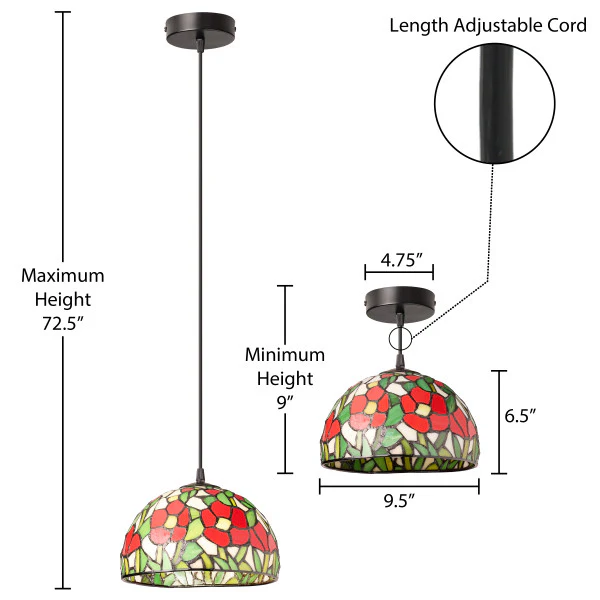 Tiffany-Style Lighting Genevieve Adjustable Height Red Flowers Stained Glass Hanging Pendant Light - Image 4