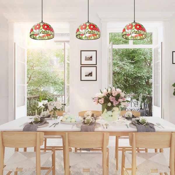 Tiffany-Style Lighting Genevieve Adjustable Height Red Flowers Stained Glass Hanging Pendant Light - Image 6
