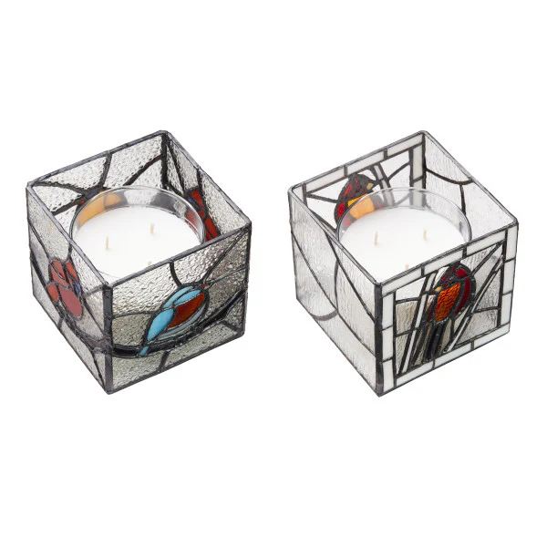 Tiffany-Style Lighting Beautiful Birds Stained Glass Candle Holder Set - Image 3