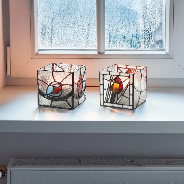 Tiffany-Style Lighting Beautiful Birds Stained Glass Candle Holder Set - Image 6