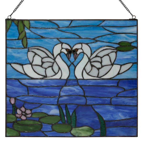 Tiffany-Style Lighting Swans Stained Glass Window Panel - Image 2