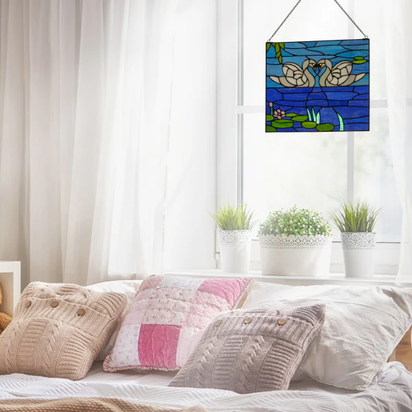 Tiffany-Style Lighting Swans Stained Glass Window Panel - Image 3