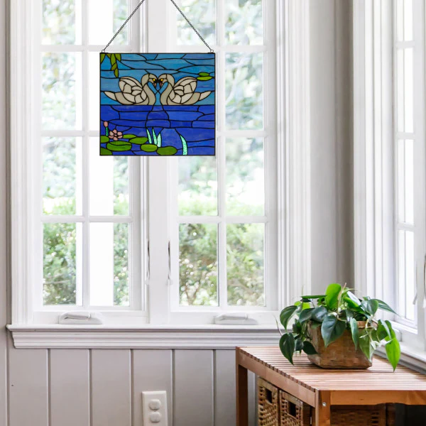 Tiffany-Style Lighting Swans Stained Glass Window Panel - Image 4