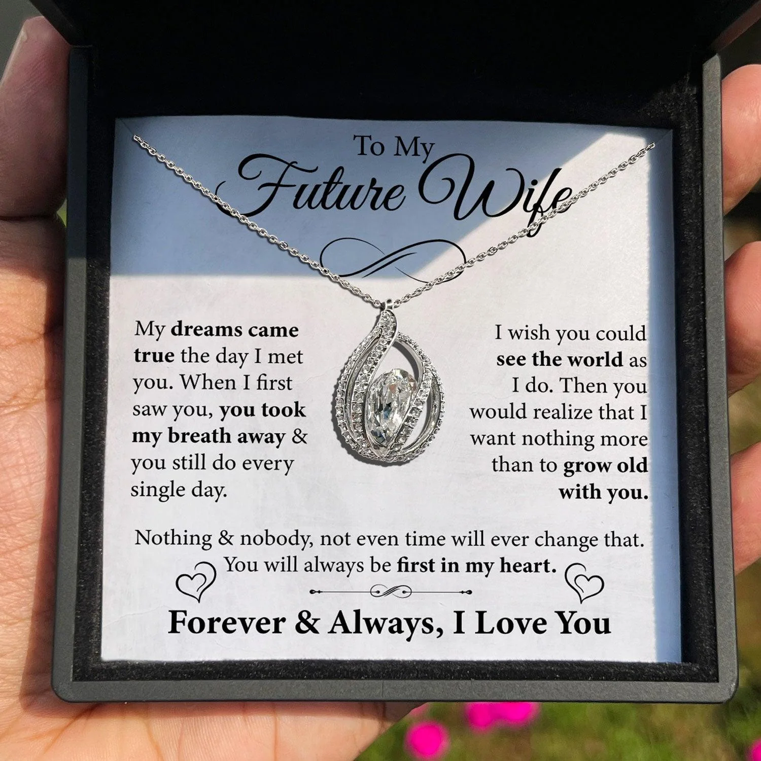 TRYNDI Rhodium Plated "To My Future Wife" Swarovski Crystal Orbital Birdcage Necklace - Image 5