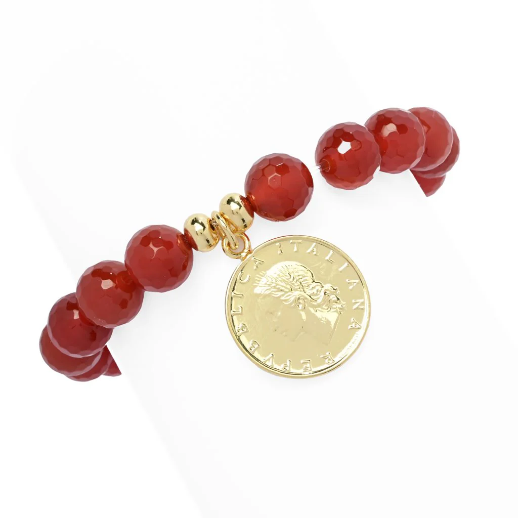 Toscana Italiana 18K Gold Plated 10m Bead Gem & Genuine 20 Lire Stretch Bracelet - Image 2