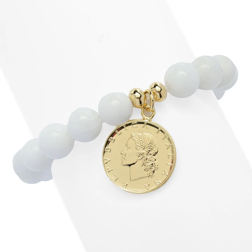 Toscana Italiana 18K Gold Plated 10m Bead Gem & Genuine 20 Lire Stretch Bracelet - Image 3