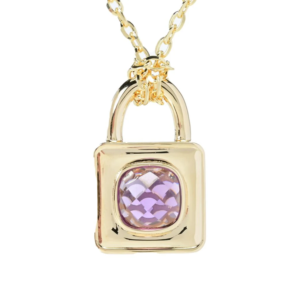 Toscana Italiana 18K Gold Plated Choice of Gem Cabochon Padlock Pendant w/ Chain - Image 2