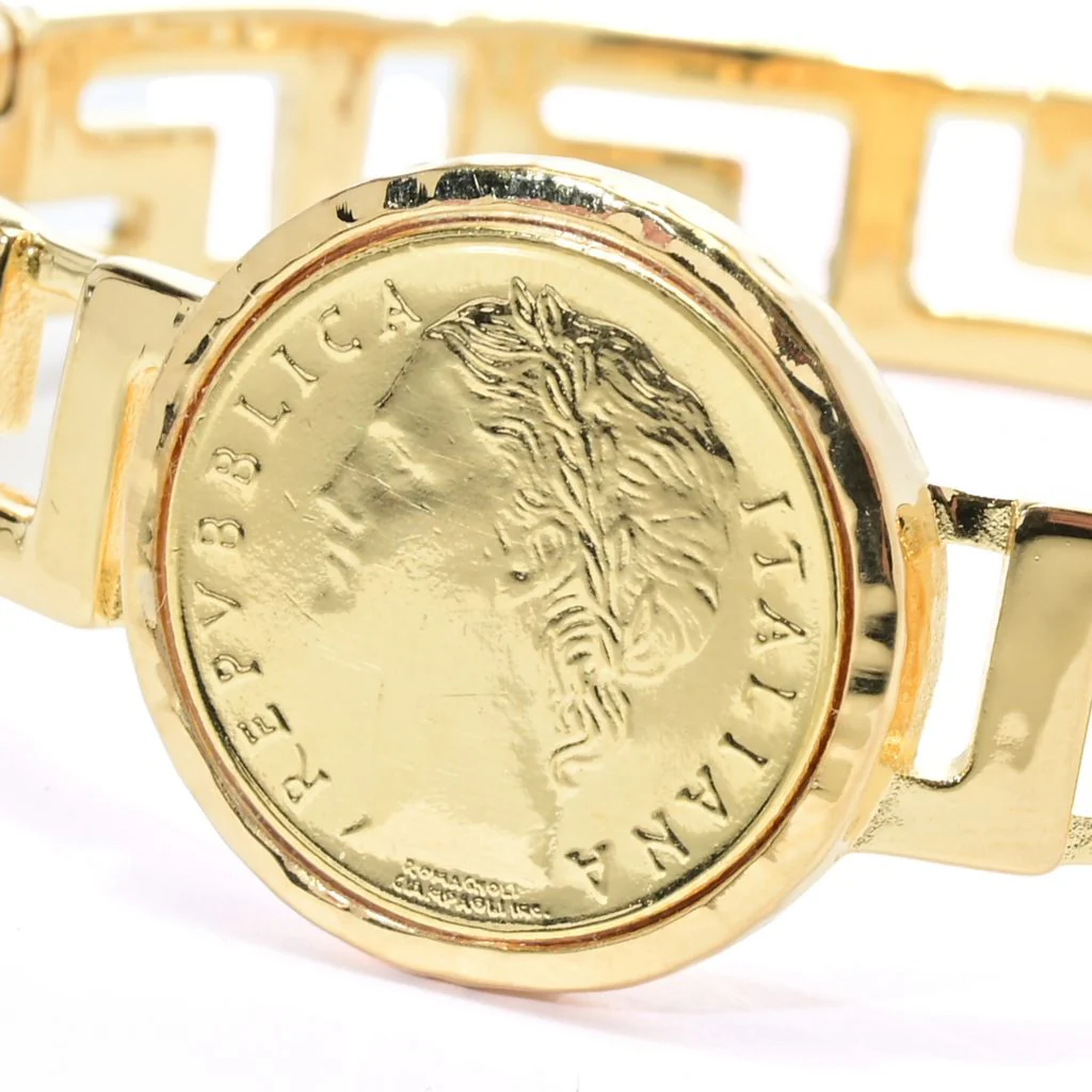 Toscana Italiana 18K Gold Plated Genuine Lira Coin Greek Key Cuff Bracelet - Image 2