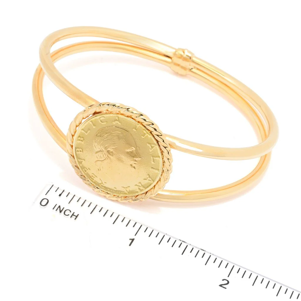 Toscana Italiana 18K Gold Plated Tubing Genuine 200 Lire Coin Bangle Bracelet - Image 2