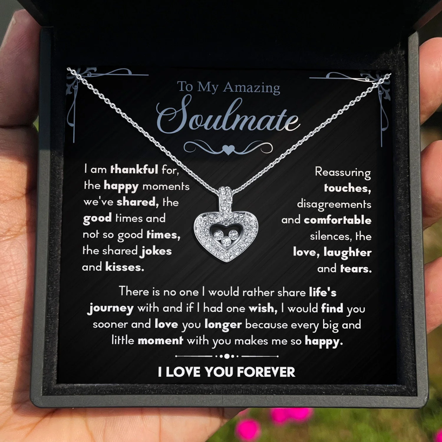 TRYNDI Rhodium Plated "To My Amazing Soulmate" Swarovski Crystal Floating Heart Necklace - Image 3
