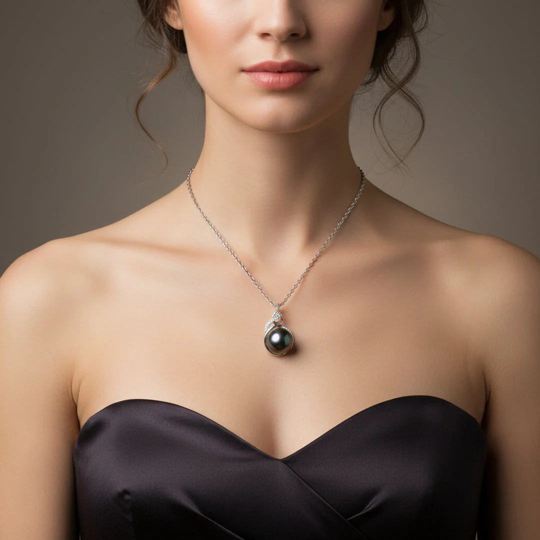 TRYNDI Rhodium Plated 11-12mm Tahitian Black Pearl Swarovski Crystal Necklace - Image 3