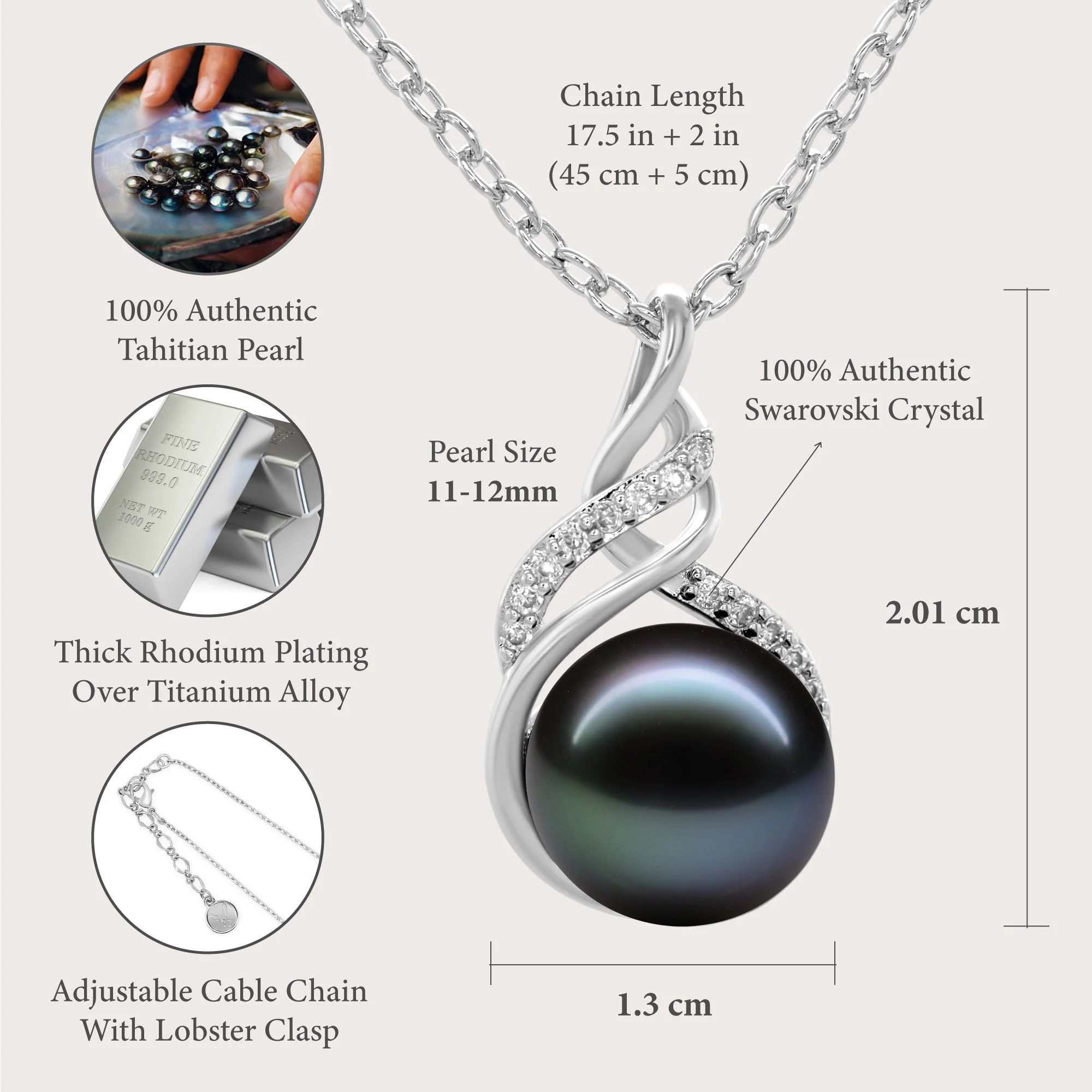 TRYNDI Rhodium Plated 11-12mm Tahitian Black Pearl Swarovski Crystal Necklace - Image 5