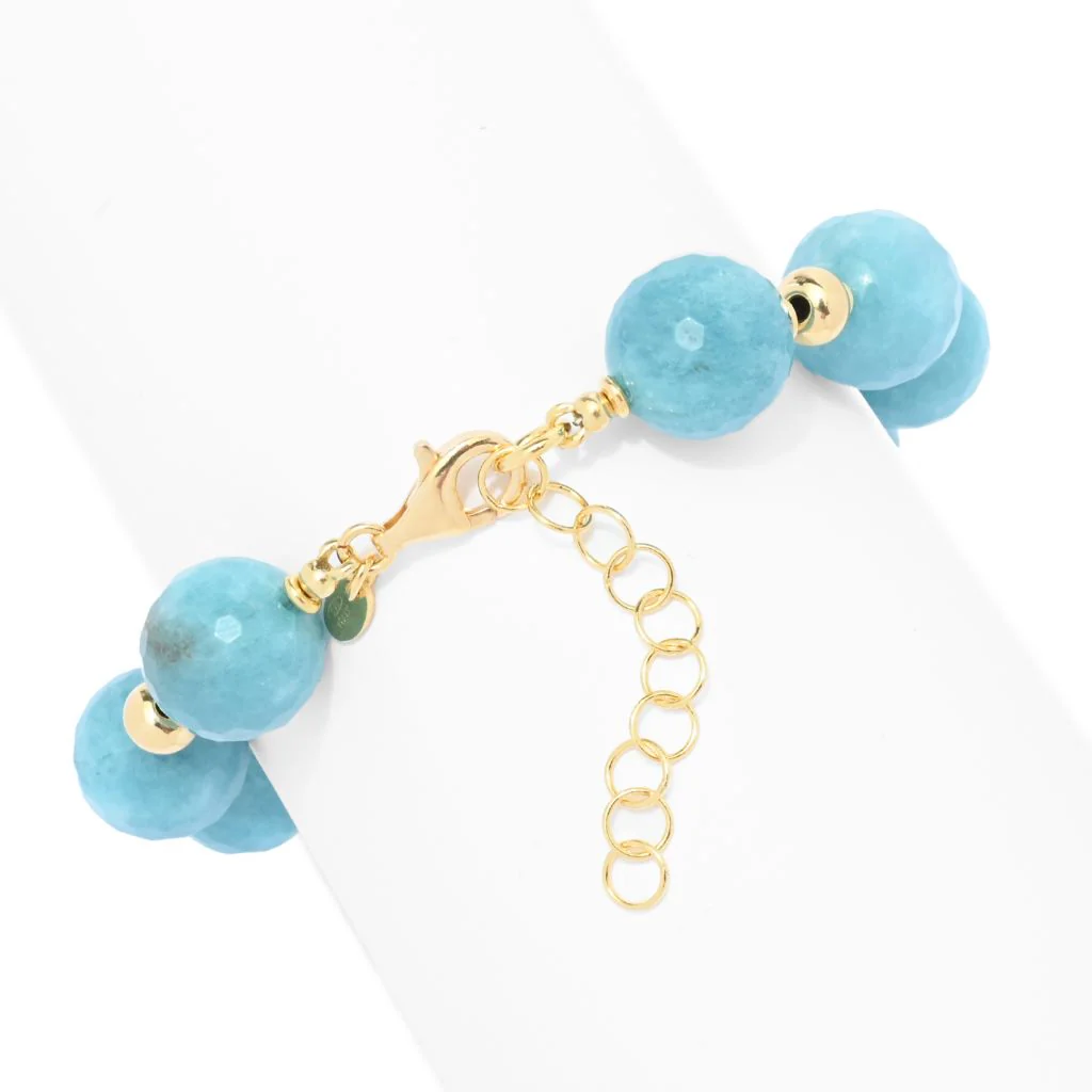 18K Gold Plated 12.5-14.5mm Blue Quartz Rondelle Bead Bracelet - Image 2