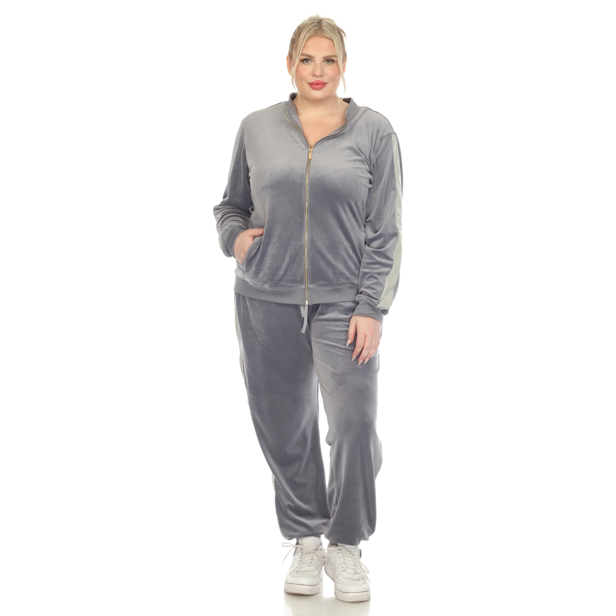 White Mark Women's 2-Piece Faux Leather Stripe Velour Set - Image 10