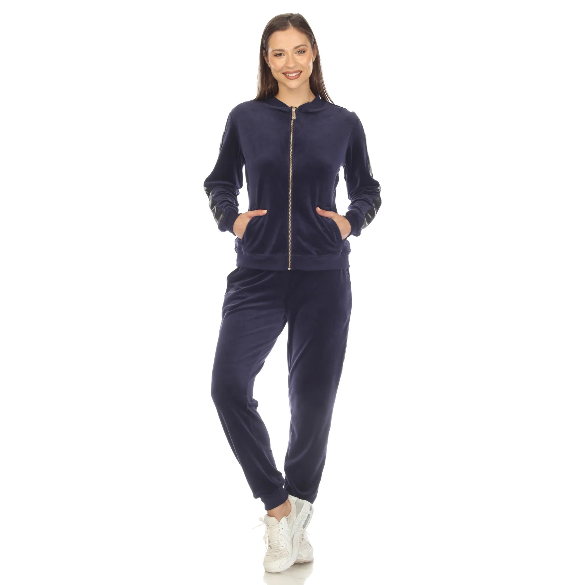 White Mark Women's 2-Piece Faux Leather Stripe Velour Set - Image 3