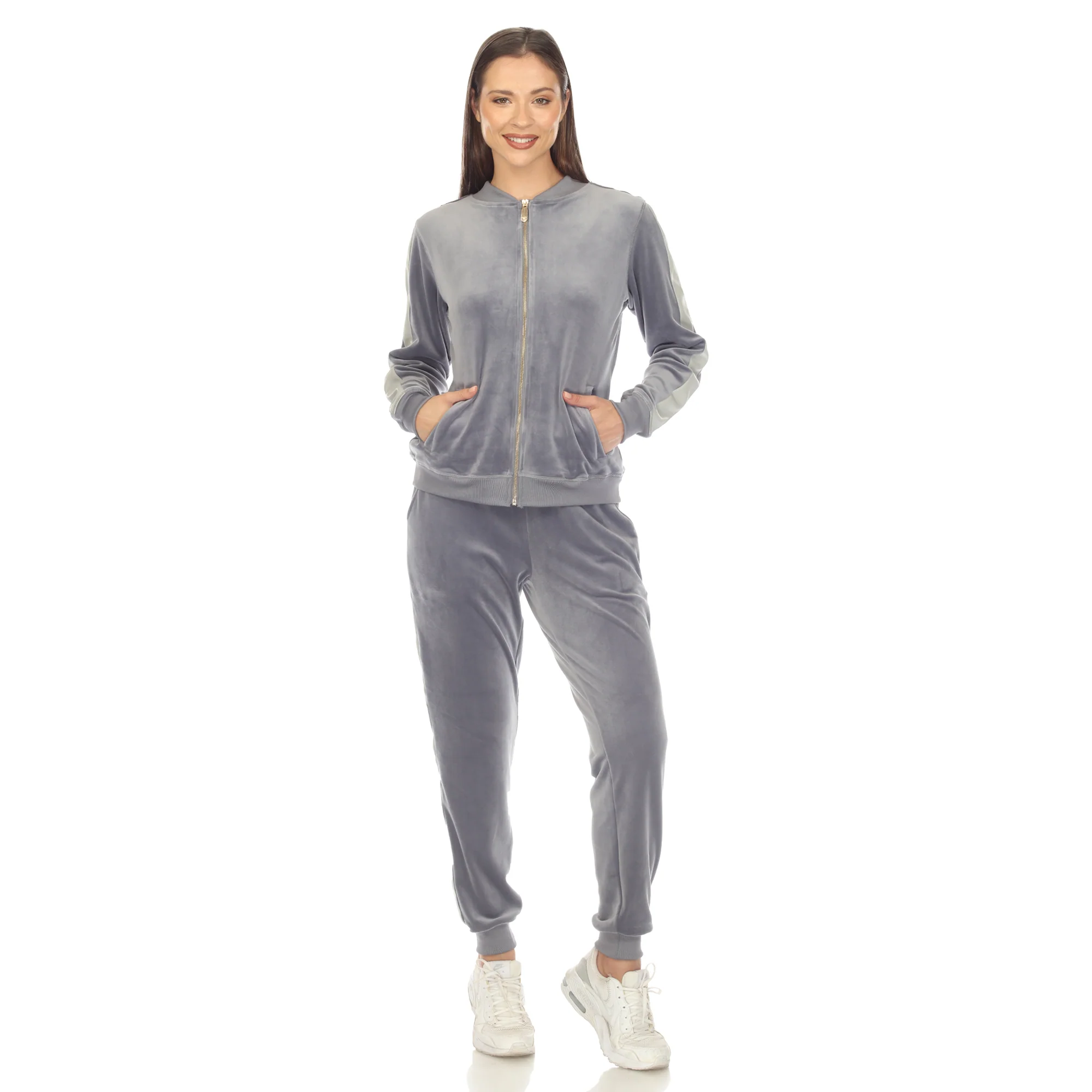 White Mark Women's 2-Piece Faux Leather Stripe Velour Set - Image 4