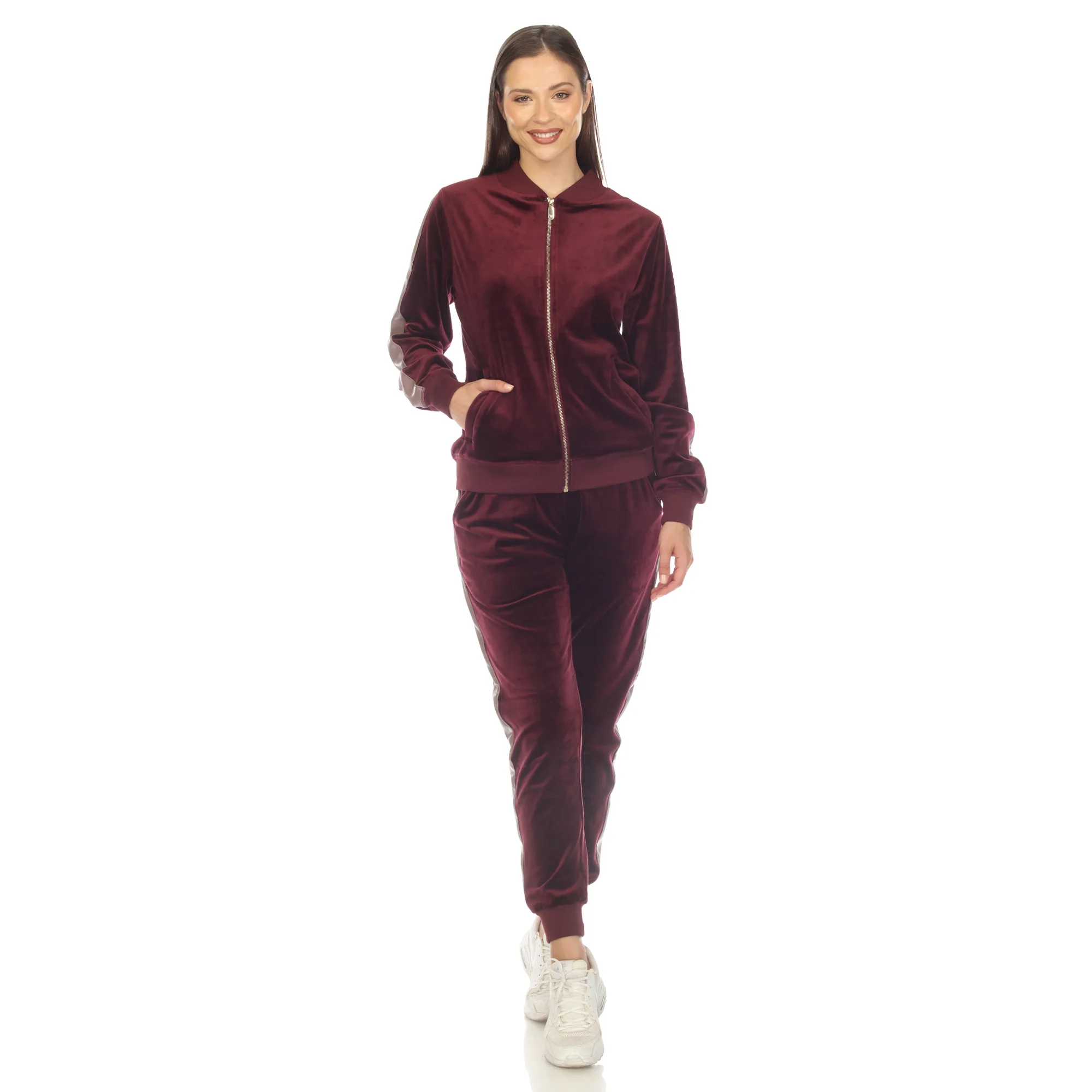 White Mark Women's 2-Piece Faux Leather Stripe Velour Set - Image 5